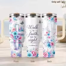 Faith Design 40oz Vacuum Flask Tumbler – 3rd Gen Vacuum Insulated Stainless Steel Car Cup with Handle & Straw Lid