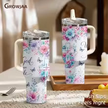 Faith Design 40oz Vacuum Flask Tumbler – 3rd Gen Vacuum Insulated Stainless Steel Car Cup with Handle & Straw Lid